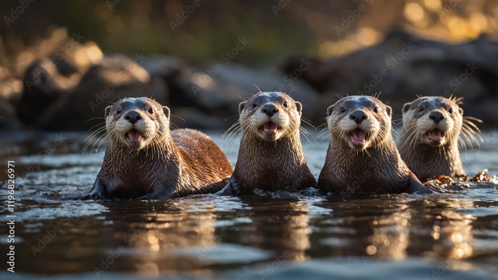 Four playful otters swimming together in a serene water setting. Four playful otters swimming together in a serene water setting.