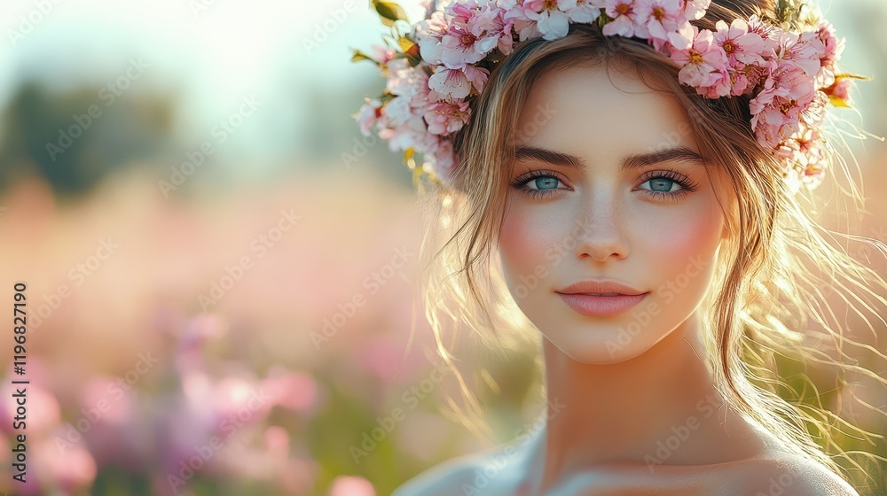 Obraz premium Spring blossoms create a stunning backdrop for a young woman wearing a floral crown, showcasing natural beauty and charm during sunny outdoor moments