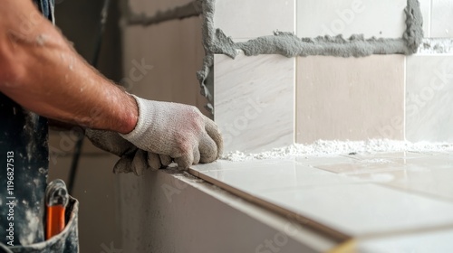 A close-up of a construction worker meticulously placing ceramic tiles in a bathroom renovation project, Bathroom tile installation scene, Renovation style