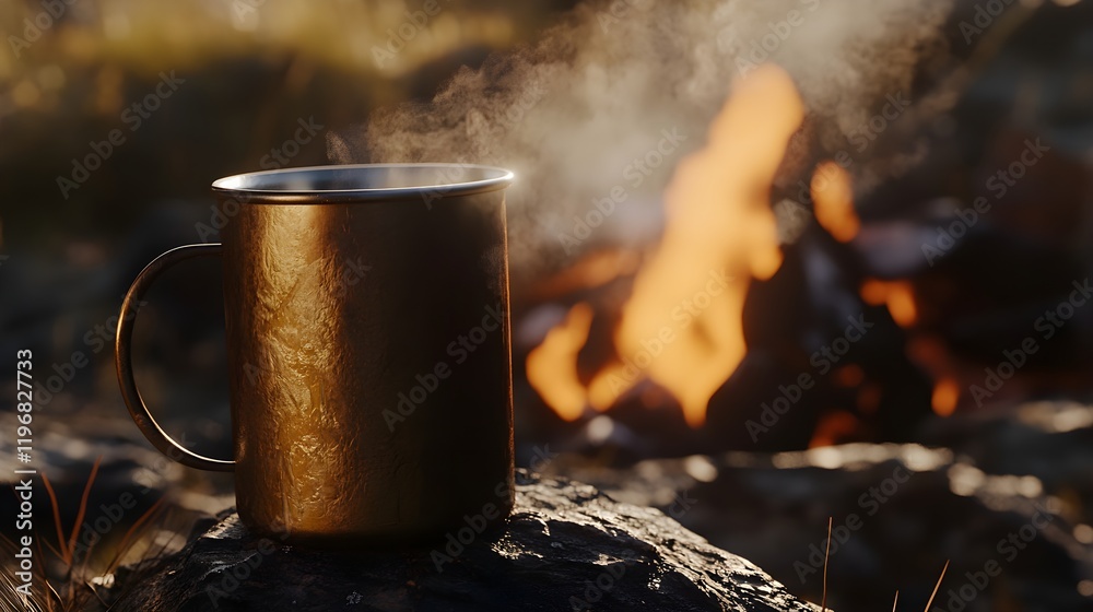 Steaming camping mug near a glowing campfire outdoors Steaming camping mug near a glowing campfire outdoors