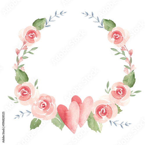 Valentine's day or Wedding floral Wreath from Couple of Hearts, Pink Roses and Branches. Circle Frame, Border. Simple painting isolated on a white background. Love and Romantic illustration for cards