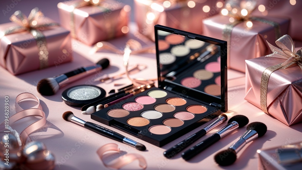 Elegant makeup palette and tools arranged on a pink background with gifts Elegant makeup palette and tools arranged on a pink background with gifts