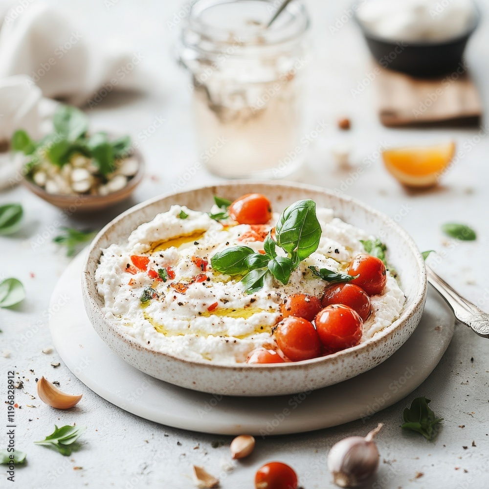 Fresh Tomato Salad with Creamy Cheese and Basil on a Bright Table Fresh Tomato Salad with Creamy Cheese and Basil on a Bright Table