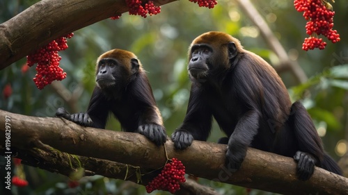 Two howler monkeys perched on a branch surrounded by vibrant red berries in a lush forest. photo