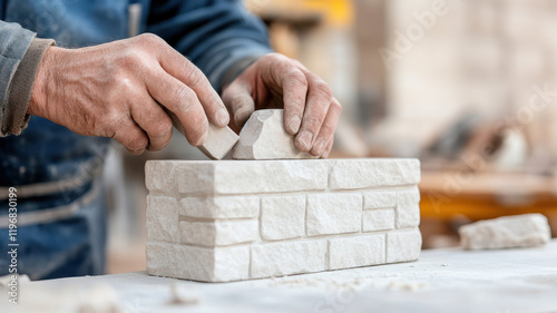 Sculpture Workshop Themed, Craftsman shaping stone blocks with skilled hands in workshop photo