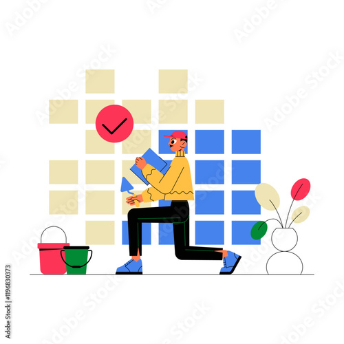 Man Tiling Wall With Bucket And Sponge In Flat Vector Illustration Symbolizing Construction, Renovation, And Home Improvement, Isolated On White Background