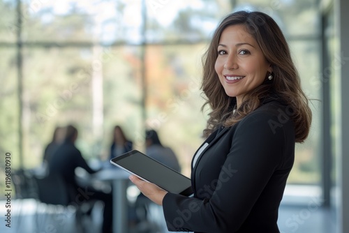 A businesswoman in professional attire holding an iPad and smiling at the camera, standing inside a modern office with large windows overlooking nature. 