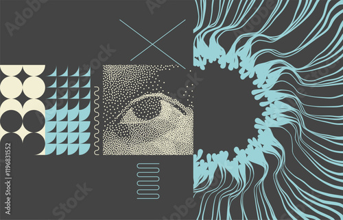 Seeing eye. Digital vision. Security technology and surveillance. Innovative technology. Stipple effect. Art composition. Geometrical background. Portal hole made from many curved strips. 3d vector.