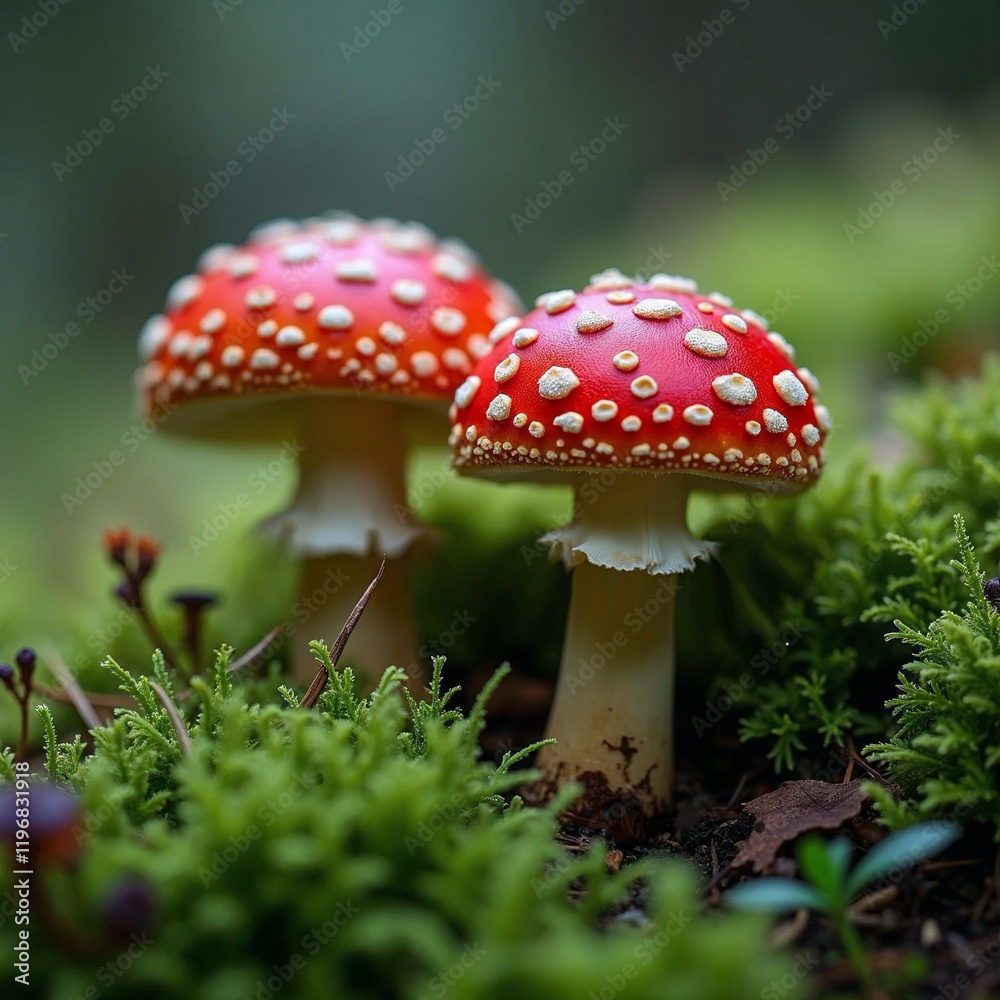 Realistic image of two red fly agaric with white spots in forest moss Realistic image of two red fly agaric with white spots in forest moss