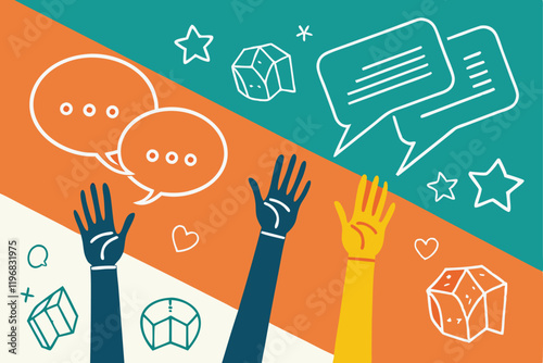 colorful raised hands, speech bubbles, diverse communication, flat design illustration, vibrant colors, community engagement, discussion forum concept, participation, social interaction, geometric sha