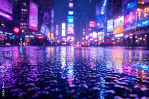 ethereal nighttime cityscape with shimmering purple and blue bokeh lights reflecting off rainslicked streets creating a dreamlike urban atmosphere with neon signs photo