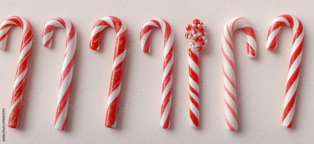 Fototapeta premium Colorful and Festive Candy Canes Displayed on a Light Background Perfect for Holiday Celebrations, Winter Festivities, and Seasonal Decorations