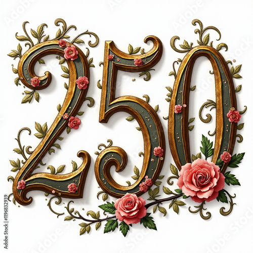 A beautifully ornate design featuring the number '250' adorned with delicate roses and intricate floral elements.