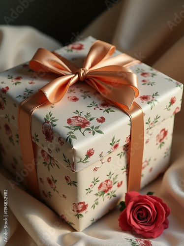 A beautifully wrapped floral gift box with a satin ribbon, accompanied by a delicate red rose on a soft fabric backdrop.
