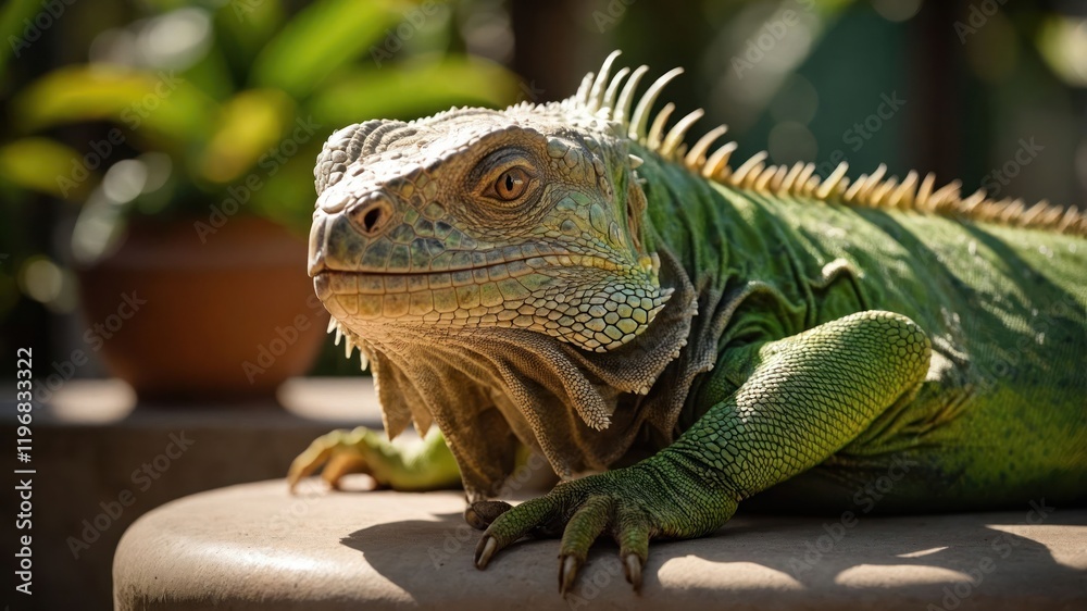 Fototapeta premium A close-up of a green iguana resting on a surface, showcasing its vibrant scales and features.