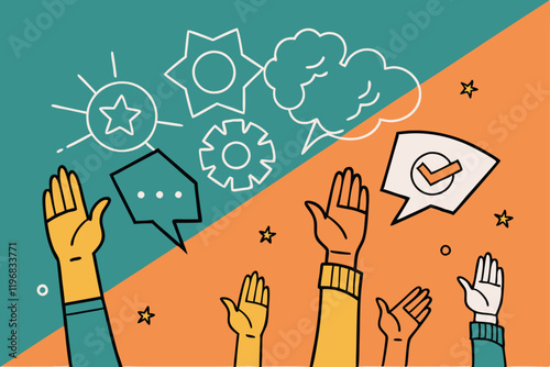 colorful raised hands, speech bubbles, diverse communication, flat design illustration, vibrant colors, community engagement, discussion forum concept, participation, social interaction, geometric sha