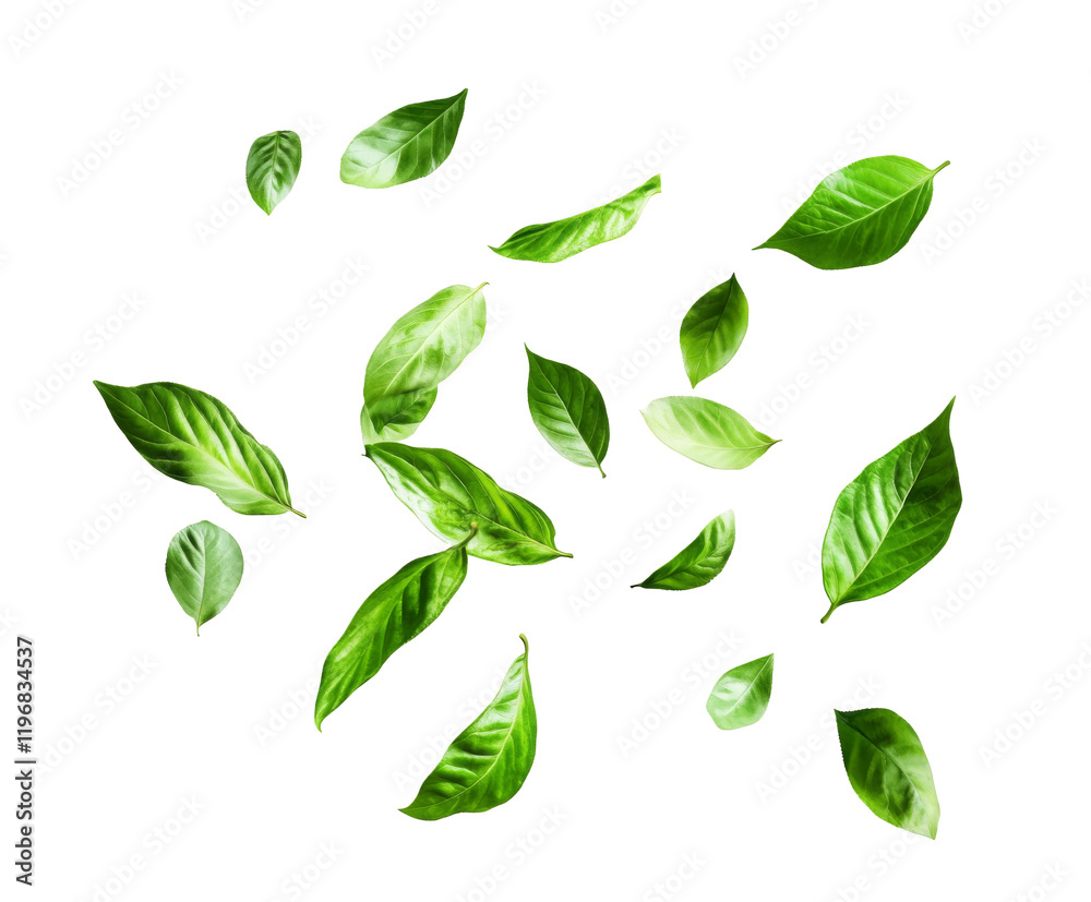 Delicate Green Leaves Falling in a Beautiful Pattern , isolated on white background PNG Delicate Green Leaves Falling in a Beautiful Pattern , isolated on white background PNG