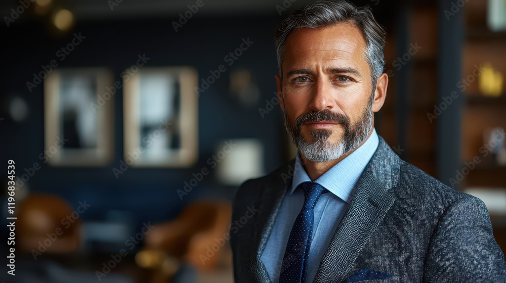 Fototapeta premium European male in a stylish suit stands confidently in a modern, upscale interior space, reflecting a blend of professionalism and sophistication