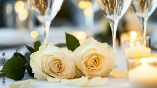 Fototapeta Naklejka Na Ścianę i Meble -  Romantic candlelit dinner table setting with wine glasses and white roses