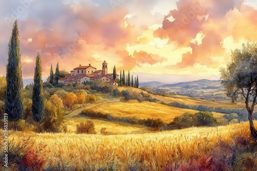 ethereal watercolor italian countryside with rolling cypresslined hills golden wheat fields and distant medieval village under warm sunset sky photo