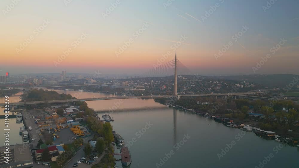 Bridge over Ada, Belgrade - aerial drone view, Serbia