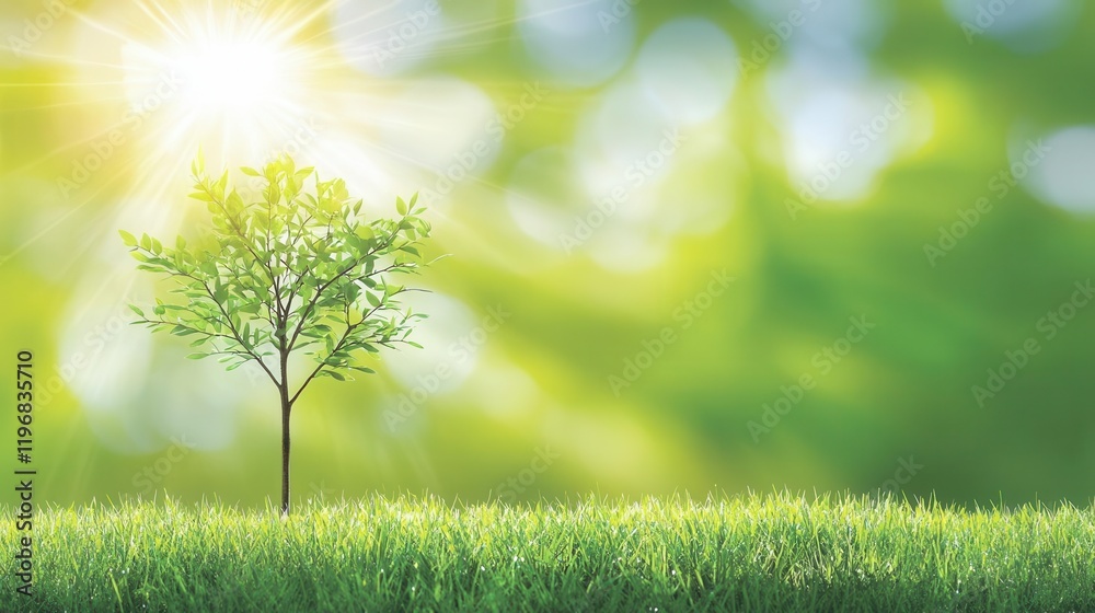 Sunlit tree growth in lush green meadow nature peaceful environment close-up view Sunlit tree growth in lush green meadow nature peaceful environment close-up view