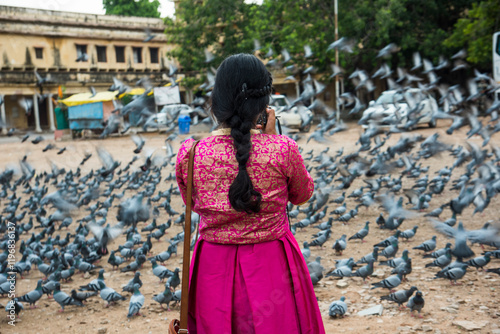 Photography Woman tourist taking photos travel spots in Jaipur, India.