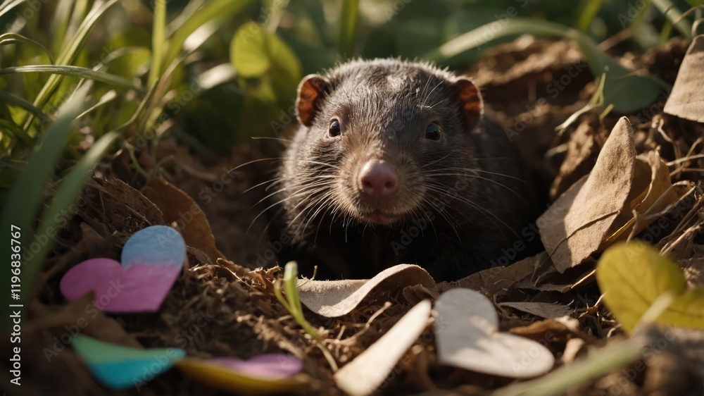 A cute animal peeking from a burrow surrounded by colorful heart shapes. A cute animal peeking from a burrow surrounded by colorful heart shapes.