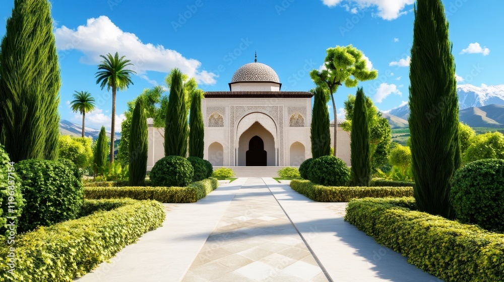 Fototapeta premium Serene Garden Pathway Leading to Majestic Architectural Structure