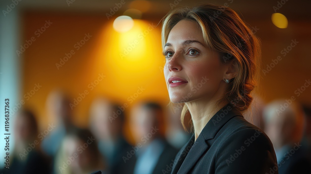 Obraz premium Businesswoman delivers a compelling presentation during a professional seminar in a modern conference room filled with attentive attendees in the afternoon