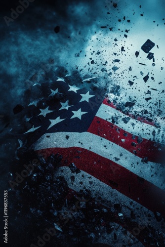 American Flag disintegrating in dark cloudy sky