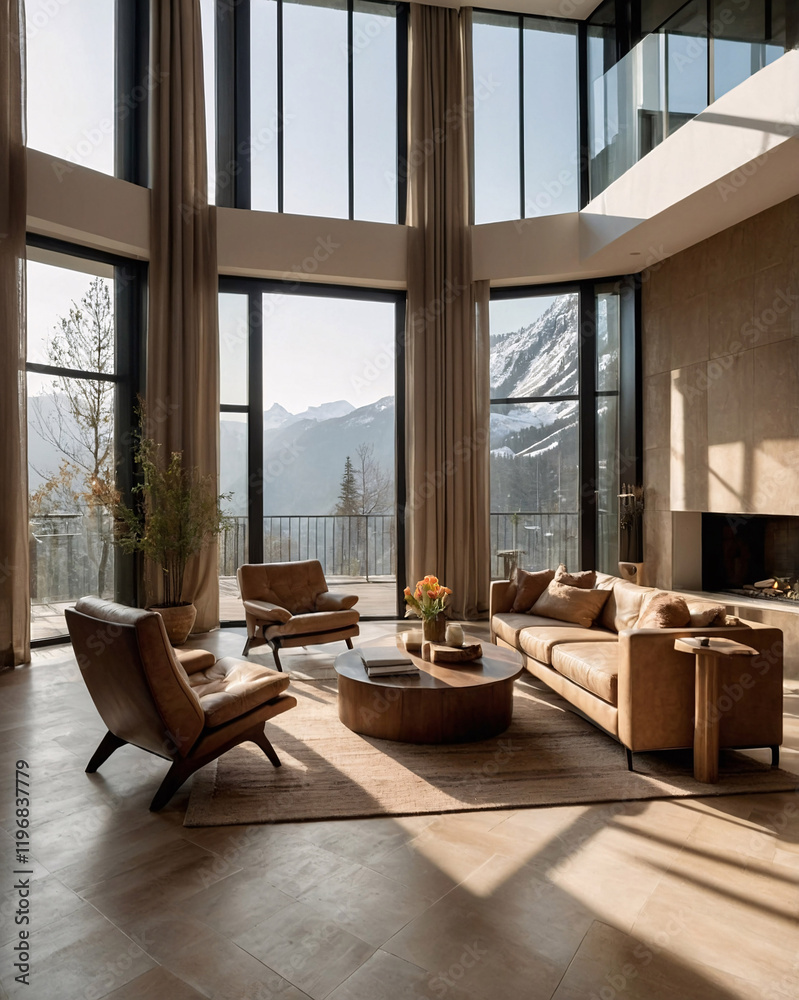 Fototapeta premium Inviting and stylish European living room with beige sofa rustic wood table fireplace and panoramic mountain views Interior Design Inspiration