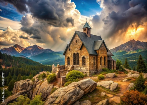 Colorado's Allenspark Chapel, nestled amidst misty peaks, a vintage aerial view showcasing majestic Rocky Mountain panoramas. photo