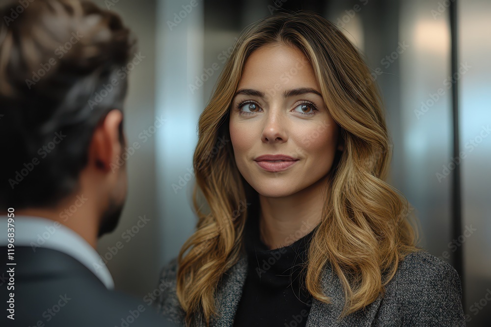 A confident businesswoman is engaged in an animated conversation with a man as they ride together in a sleek, modern elevator during a professional meeting A confident businesswoman is engaged in an animated conversation with a man as they ride together in a sleek, modern elevator during a professional meeting