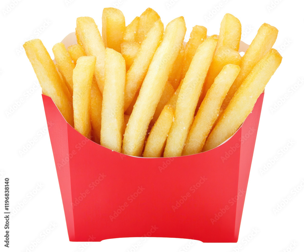 Golden Crispy French Fries in a Red Box - A Perfect Snack , isolated on white background PNG Golden Crispy French Fries in a Red Box - A Perfect Snack , isolated on white background PNG