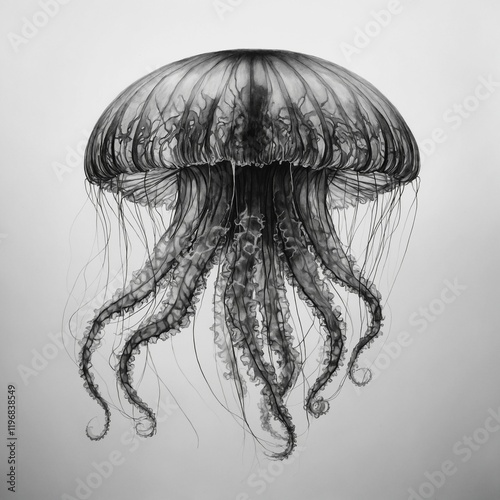 A black-and-white sketch of a jellyfish with intricately shaded tentacles on a clean white backdrop.
