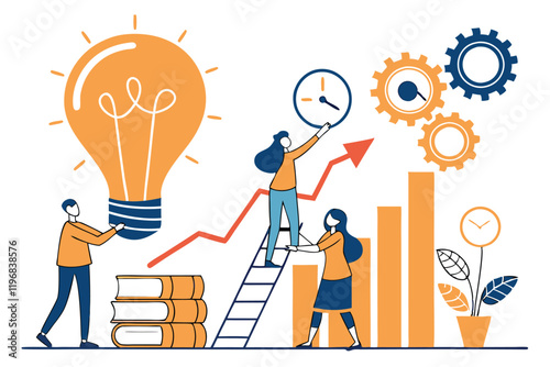 Colorful vector illustration, business teamwork concept, giant light bulb, people working together, office setting, growth chart, clock, ladder, books, gears, bright orange and blue colors, flat desig