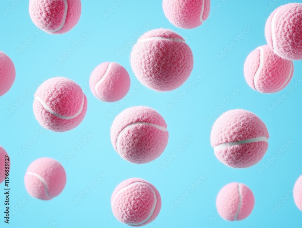 Fototapeta premium Flying pink tennis balls against pastel blue background, tennis balls 