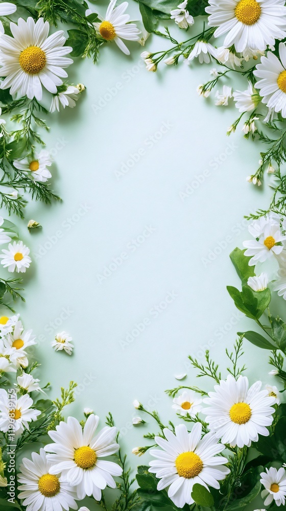 Fototapeta premium Flat lay top view of a natural festive spring frame background with daisy flowers. Floral border with spring celebration vibes. Copy space. Generative AI. 