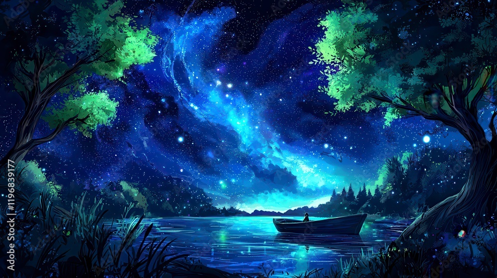 Naklejka premium Enchanted Night Sky Over Calm Waters with Boat and Lush Trees