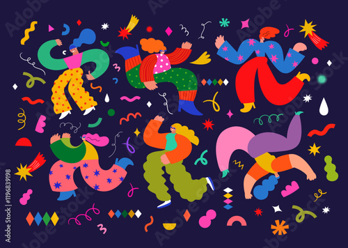 Carnival party banner with funny dancing characters. Design for Brazil Carnival. Decorative abstract illustration with colorful doodles. Music festival illustration	
