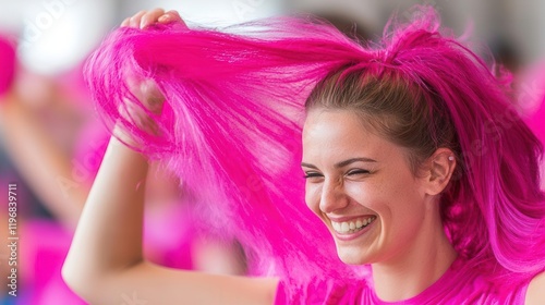 Energetic pink hair celebration urban festival vibrant environment close-up joyful expression