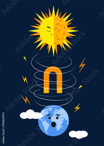 Magnetic storm illustration. Sun and Earth, magnetic waves on blue vertical background. Infographics for education, banner, poster.