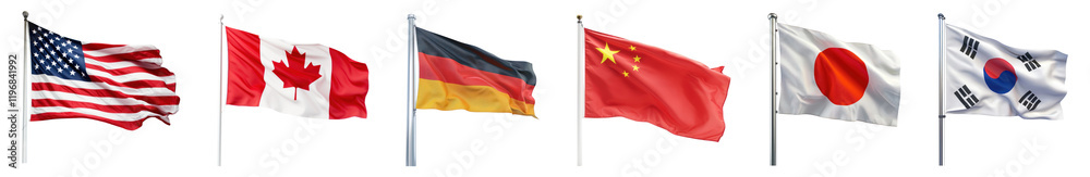 Fototapeta premium PNG International flags waving proudly, isolated element set, transparent background