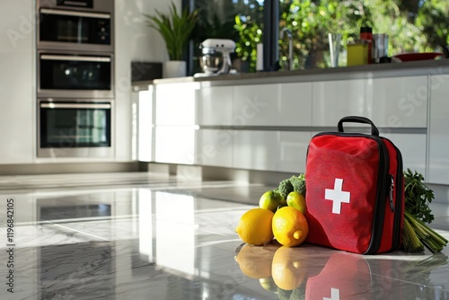 Healthy Kitchen First Aid Kit with Fresh Produce and Bright Sunlight photo