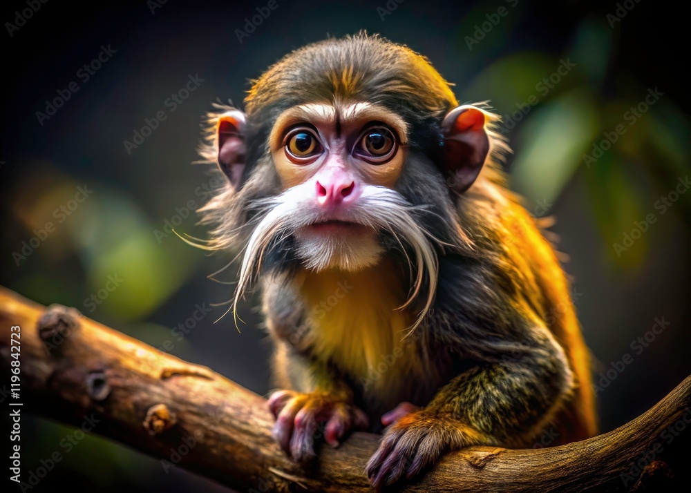 Fototapeta premium Mustachioed monkey, night portrait. Low light captures wildlife detail in its arboreal habitat.