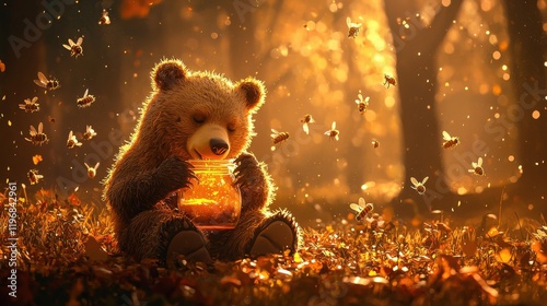 Bear enjoying honey from a jar while bees buzz around in a tranquil forest setting captured in a whimsical nature scene