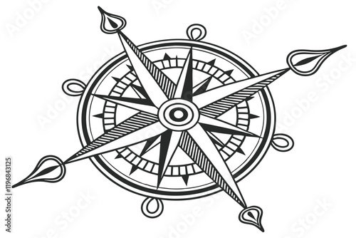 Compass rose, black and white, detailed illustration, directional, navigational instrument, vintage nautical design, symmetrical, ornate, wind rose, cardinal points, intricate linework, vector graphic