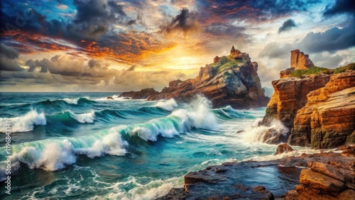 Ocean's dramatic embrace: double-exposed image of rocks and waves, a surreal coastal scene.