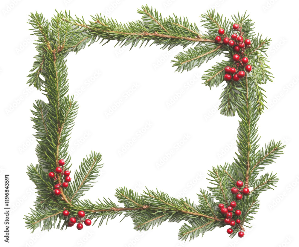 Elegant Christmas Fir Wreath Frame Design with Red Berries , isolated on white background PNG Elegant Christmas Fir Wreath Frame Design with Red Berries , isolated on white background PNG